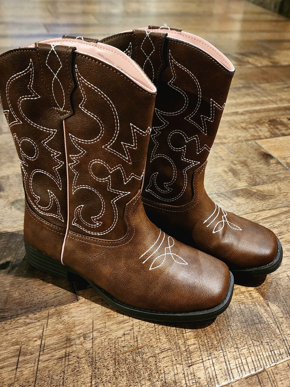 Brown Kids Western Cowboy Boots with White And Pink Stitching Size 3